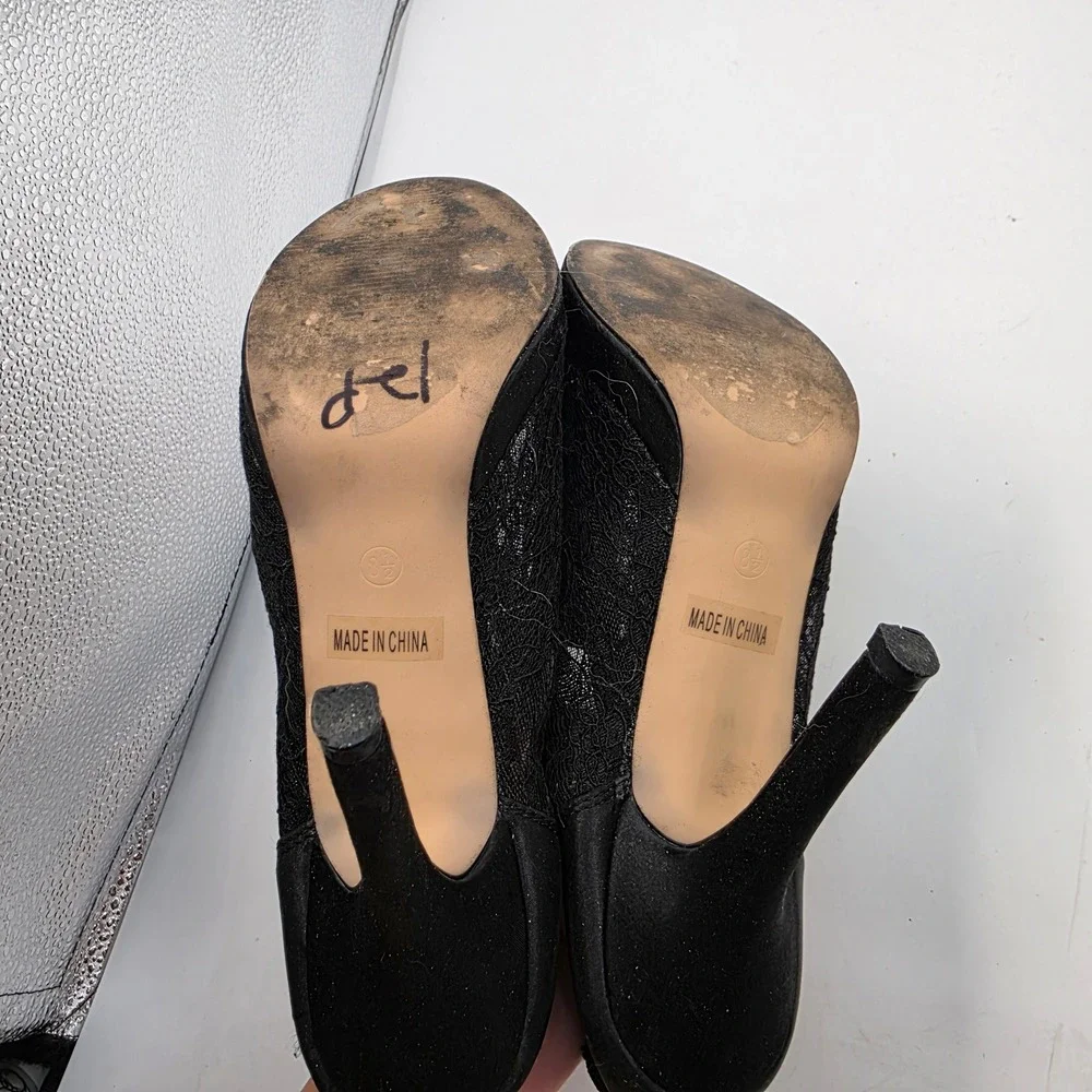 J. Renee Yael-3 Black Lace Rhinestone Peep Toe Bootie Heels Womens 8.5 J8-102